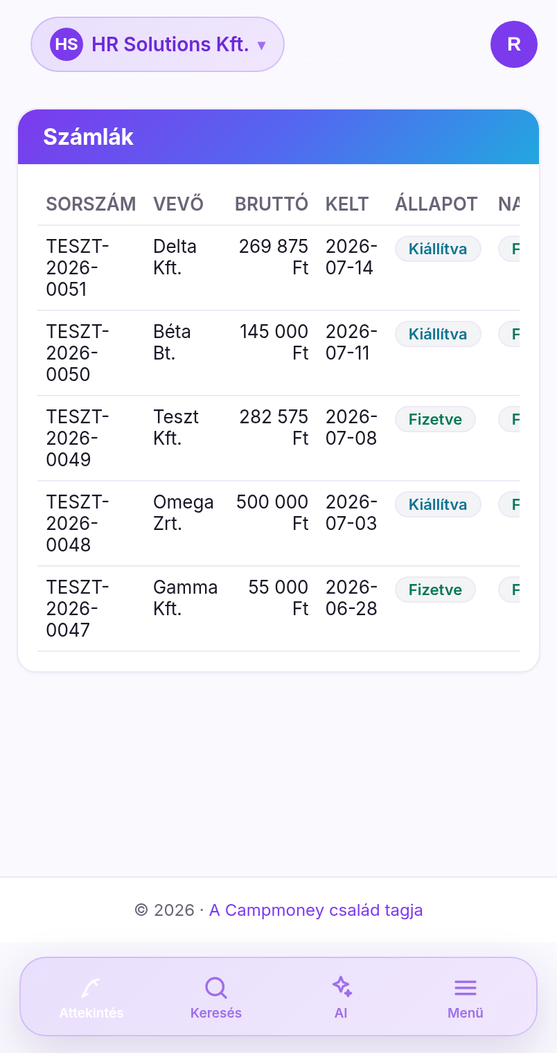 A Quilly számlázó app böngészőben — a címsáv és a böngésző-eszköztár helyet vesz el