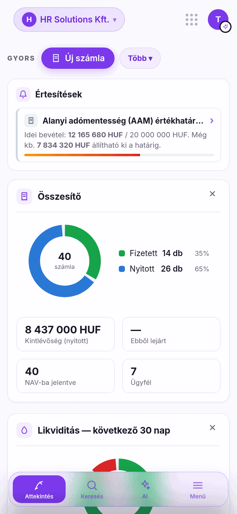 A Quilly áttekintő képernyője telefonon
