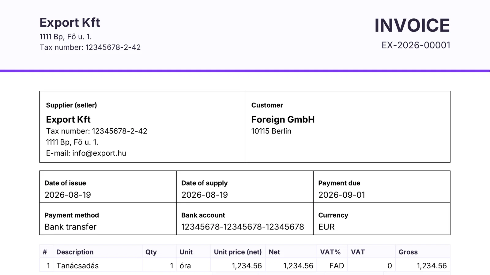 Angol nyelvű számlakép fejléce: INVOICE felirat, Supplier (seller) és Customer blokk, Date of issue és Payment due mezők