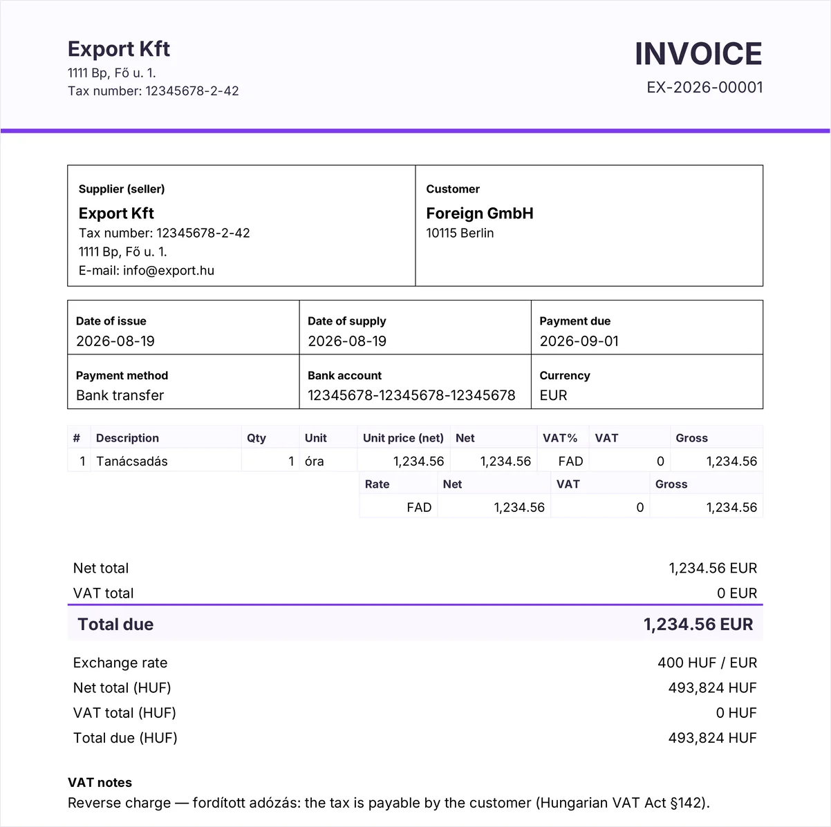 Angol nyelvű számlakép: Supplier (seller) és Customer blokk, Date of issue, Payment method, Bank account mezők, Net total és Total due összesítő, alul a kétnyelvű VAT notes felirat
