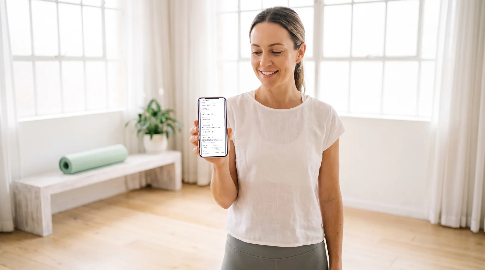 Pilates-oktató a saját világos stúdiójában, kezében a telefonja