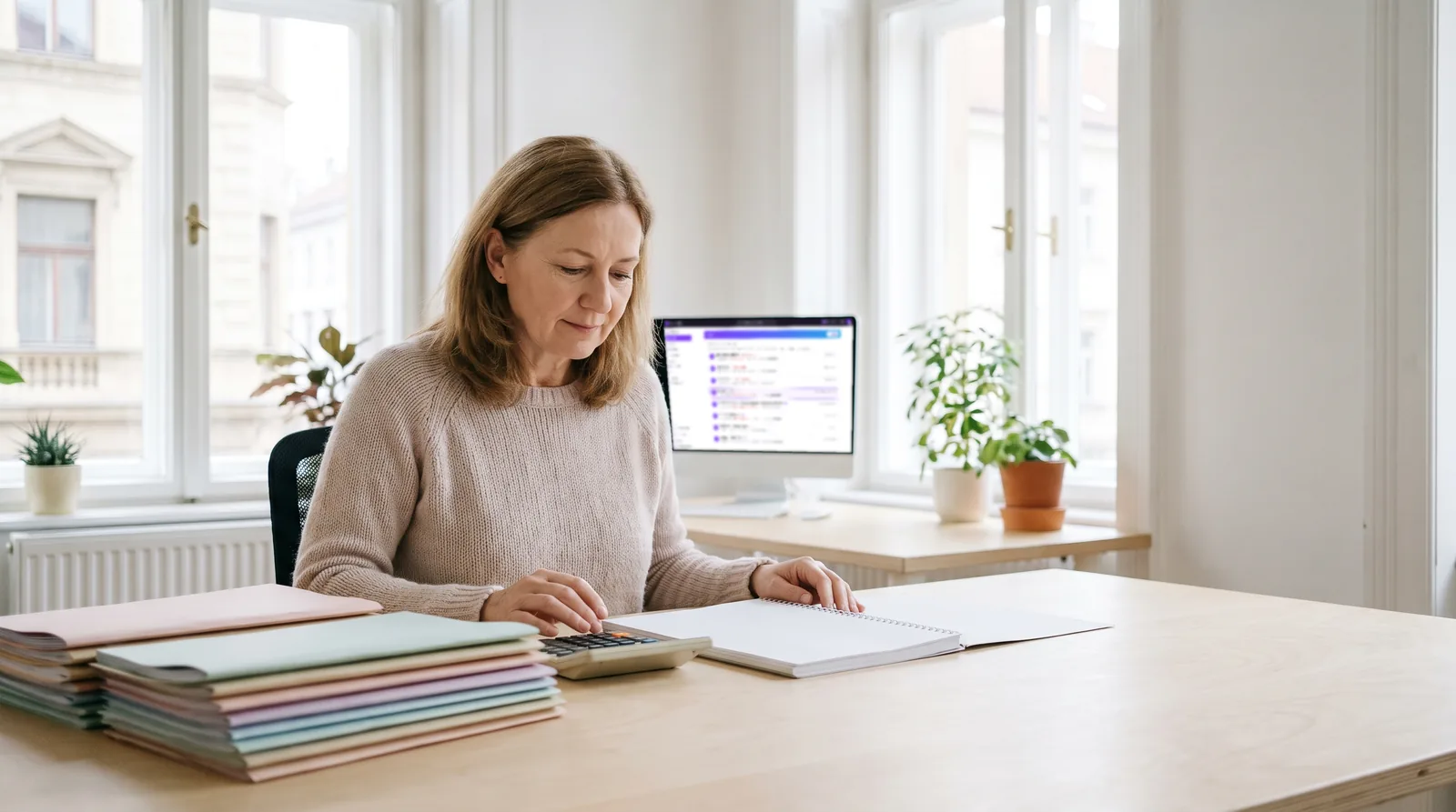 Könyvelő az íróasztalánál, a monitorján a Quilly Cégek nézete