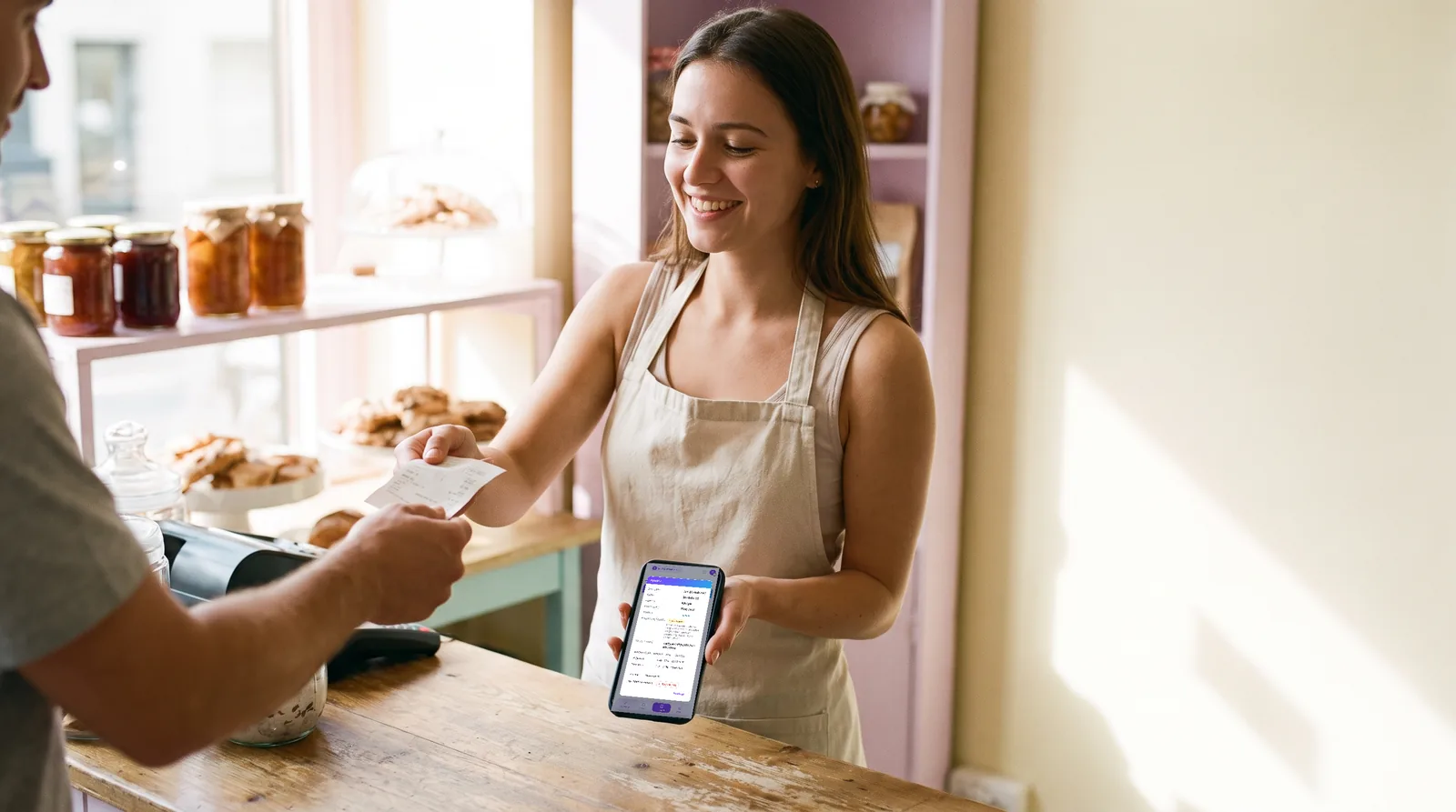 Pékségtulajdonos nyugtát ad a vásárlónak a pultnál, a másik kezében telefon