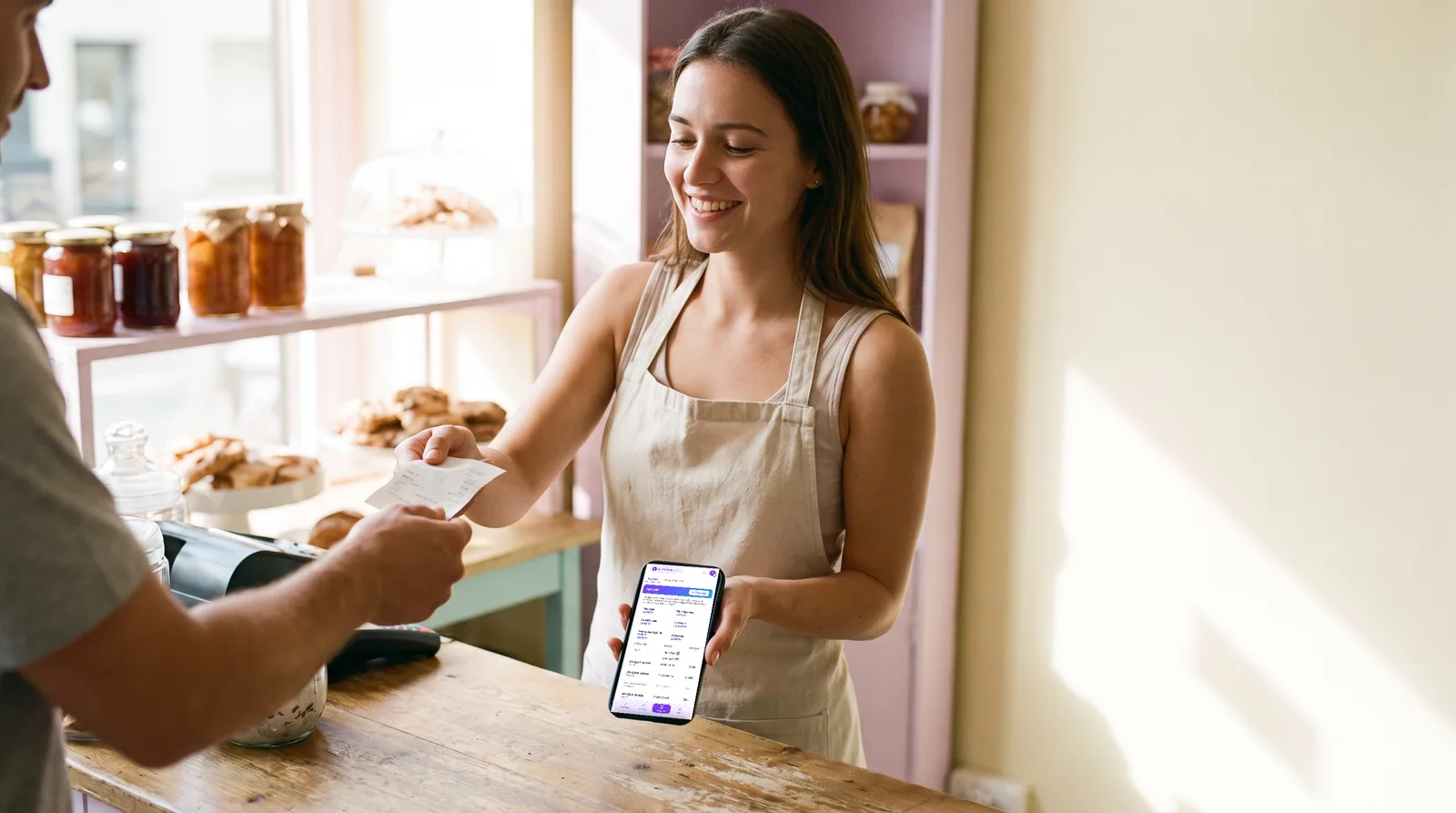 Pékségtulajdonos nyugtát ad a vásárlónak a pultnál, a másik kezében telefon