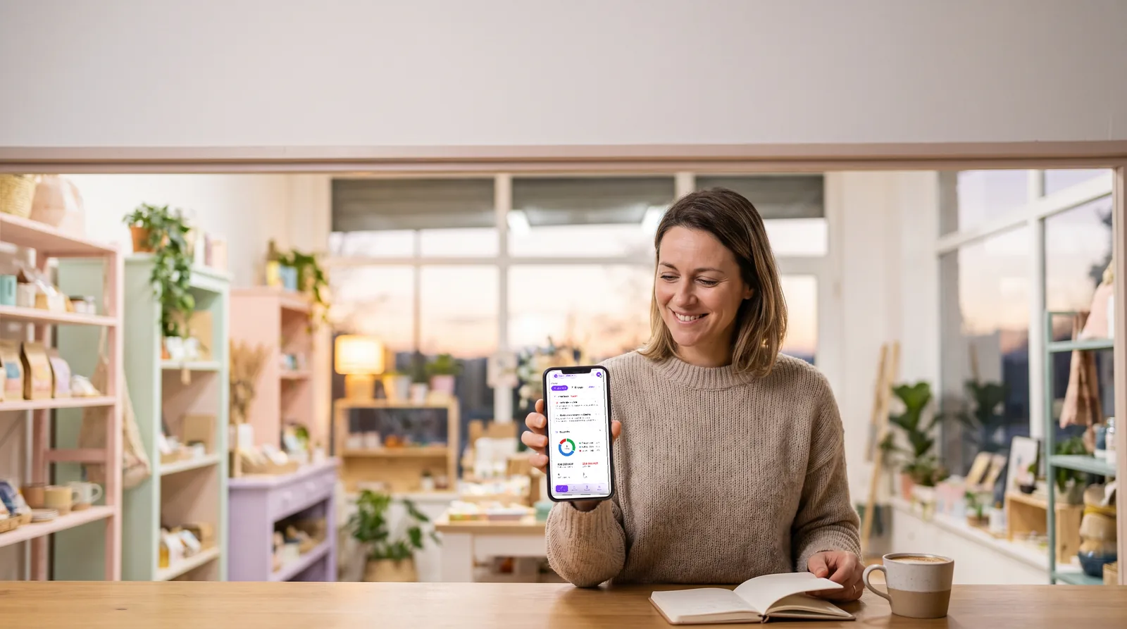 Boltos nő a pult mögött a telefonján nézi a napi összesítőt
