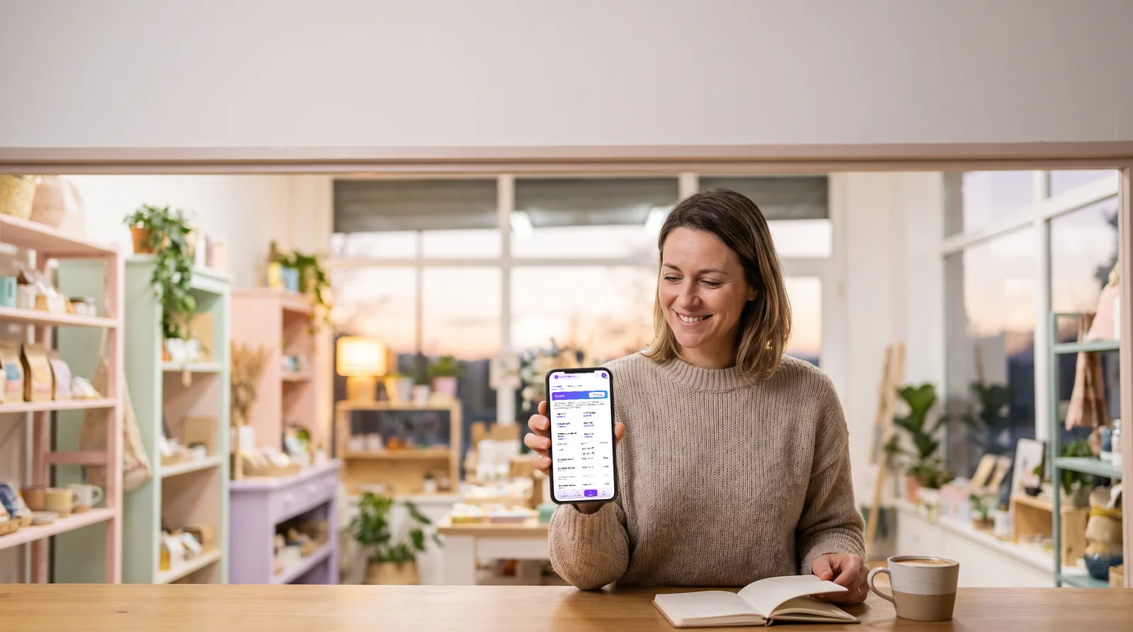 Boltos nő a pult mögött a telefonján nézi a napi összesítőt