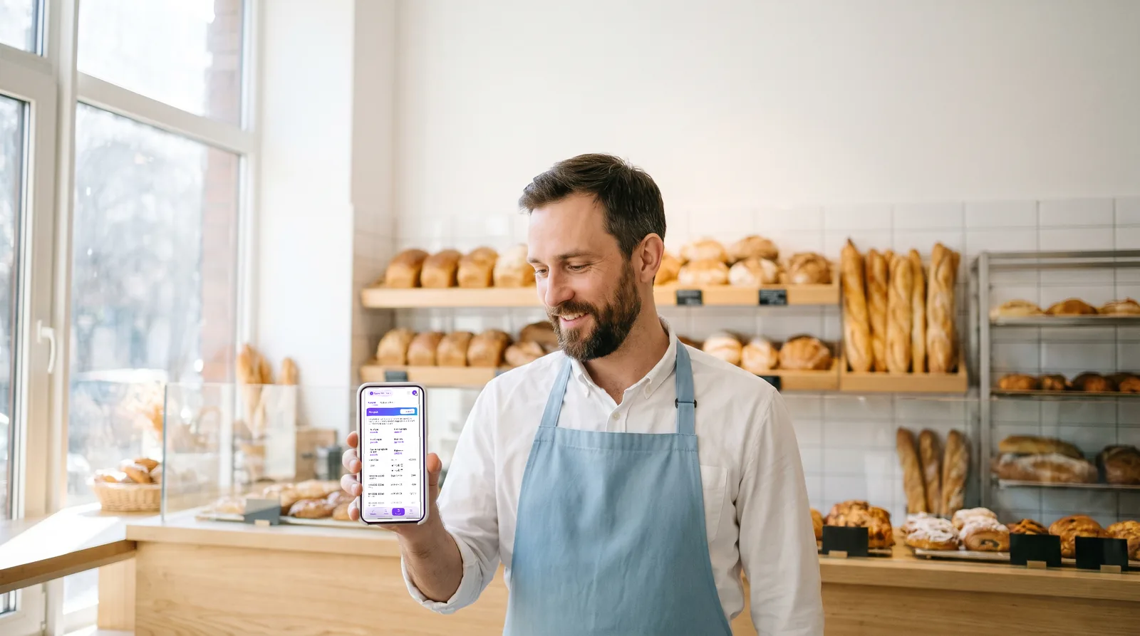 Pék a saját pékségében, kezében a telefonja