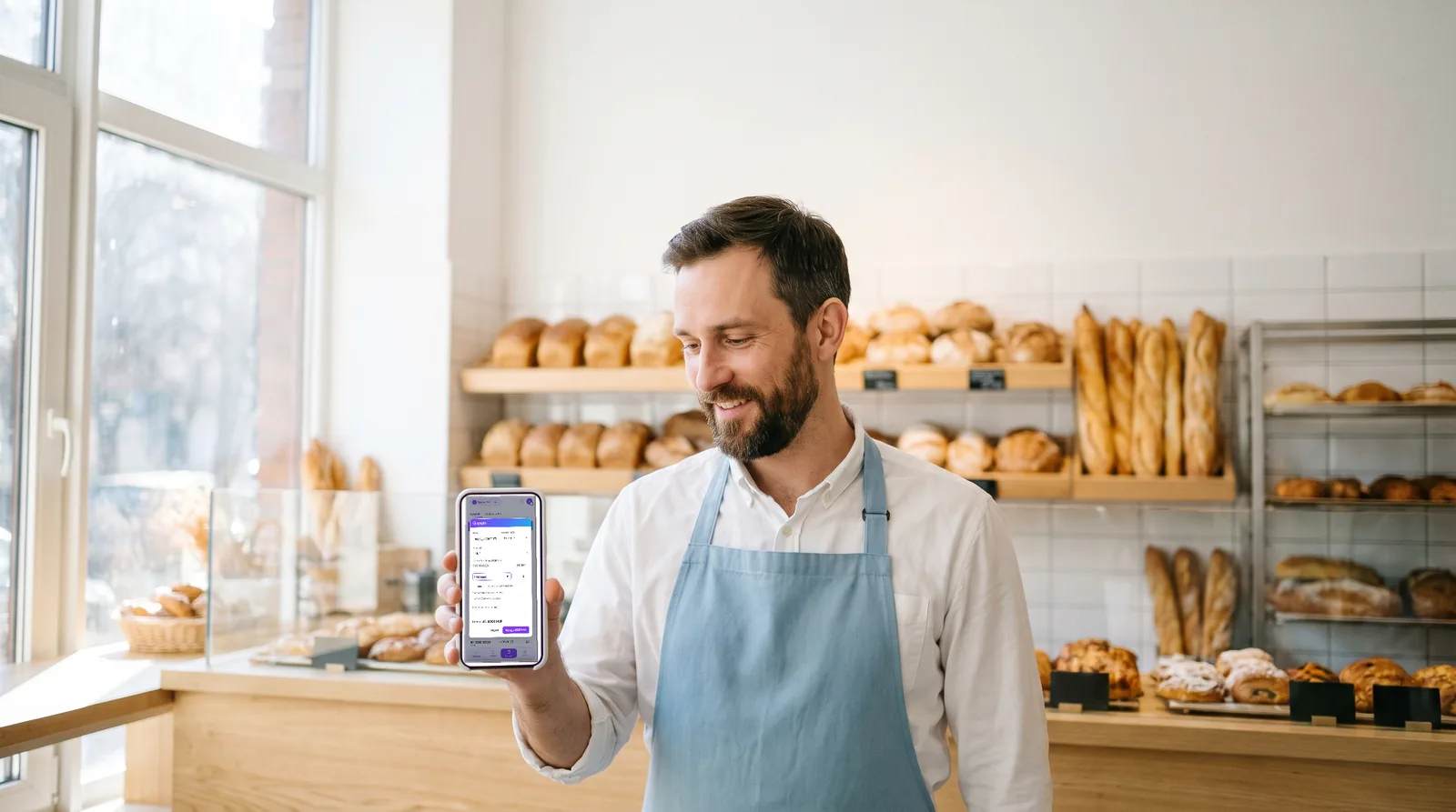 Pék a saját pékségében, kezében a telefonja