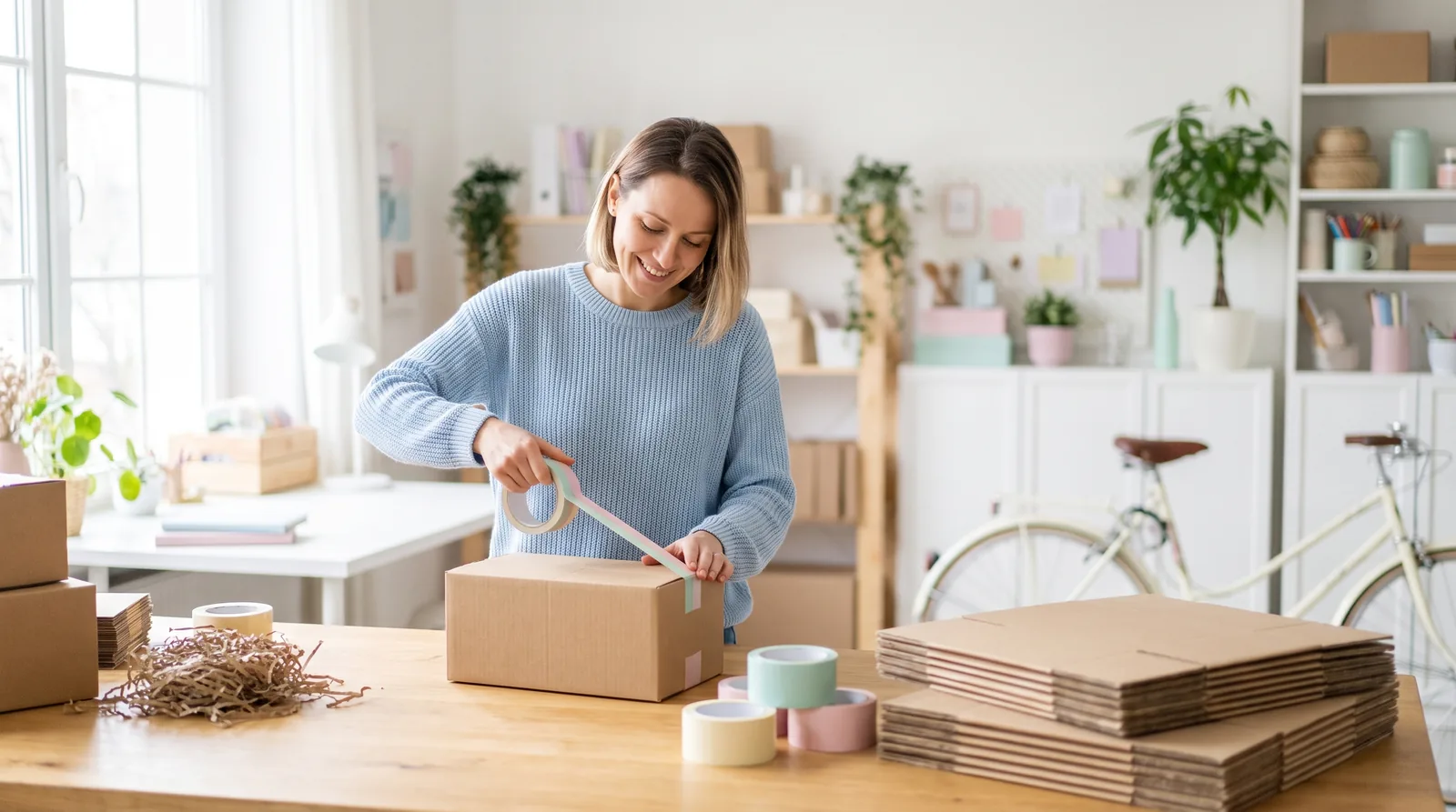 Webshop-tulajdonos kartondobozokat csomagol egy világos munkaasztalnál