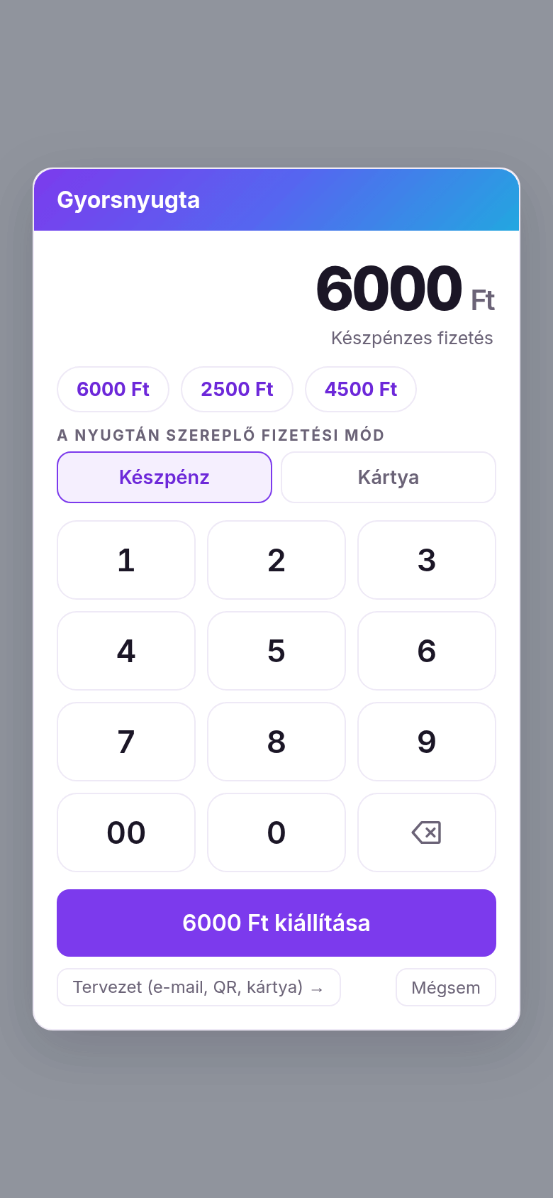 Nyugta kiállítása telefonon: 6000 forint beütve
