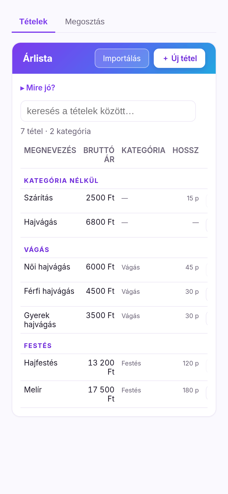 Az árlista a Quillyben: hét tétel két kategóriában, árral és időtartammal