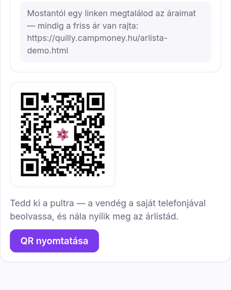 Az árlista megosztása a Quillyben: a vendégnek küldhető szöveg és a pultra kitehető QR-kód
