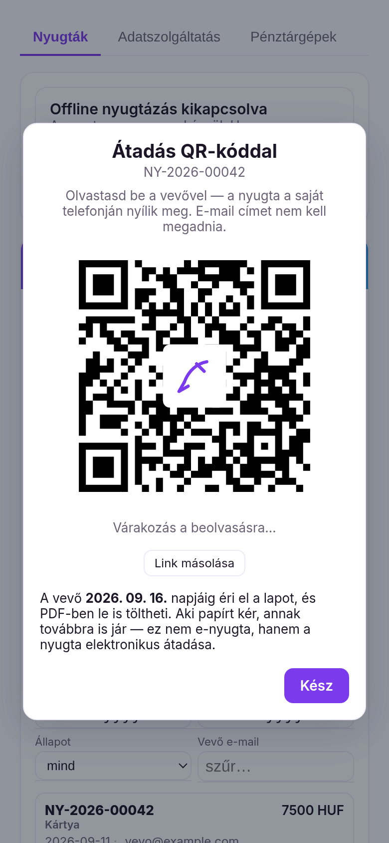 Nyugta átadása QR-kóddal: a vevő a saját telefonján nyitja meg