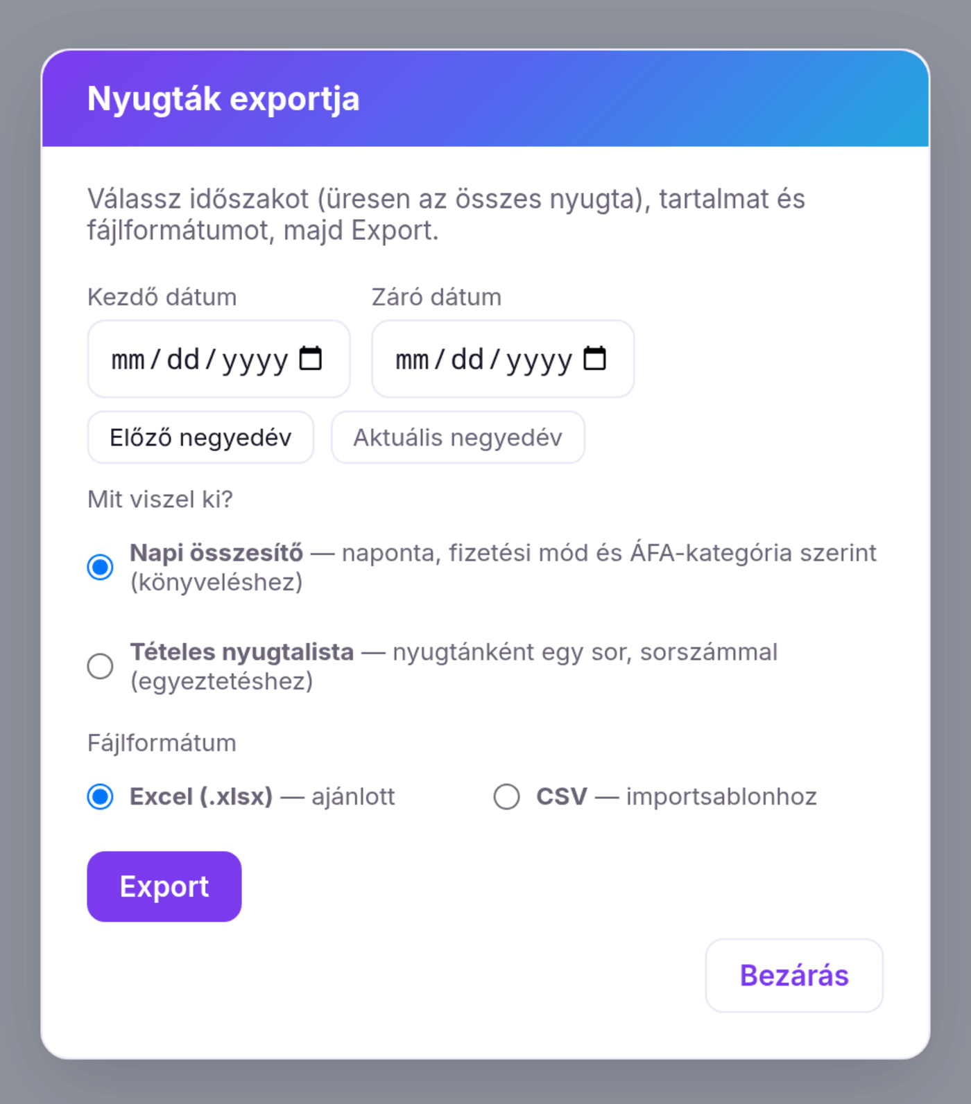 Nyugták exportja: időszak, napi összesítő vagy tételes lista, Excel vagy CSV