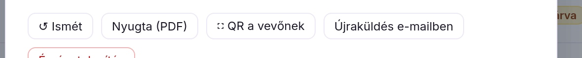 A nyugta adatlapjának gombsora: Ismét, Nyugta (PDF), Újraküldés e-mailben, Érvénytelenítés.