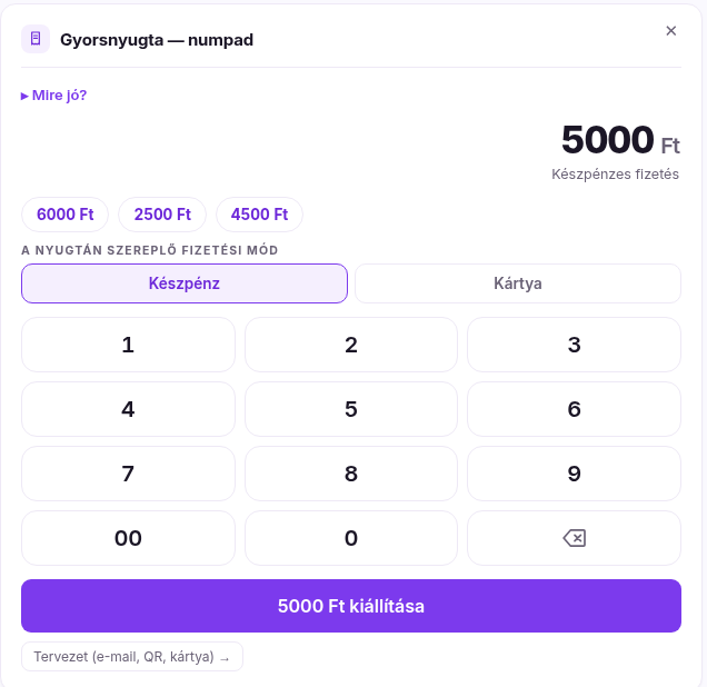 Az Új nyugta numpad közelről: nagy kijelzőn 5000 Ft, alatta a billentyűk és a kiállító gomb.