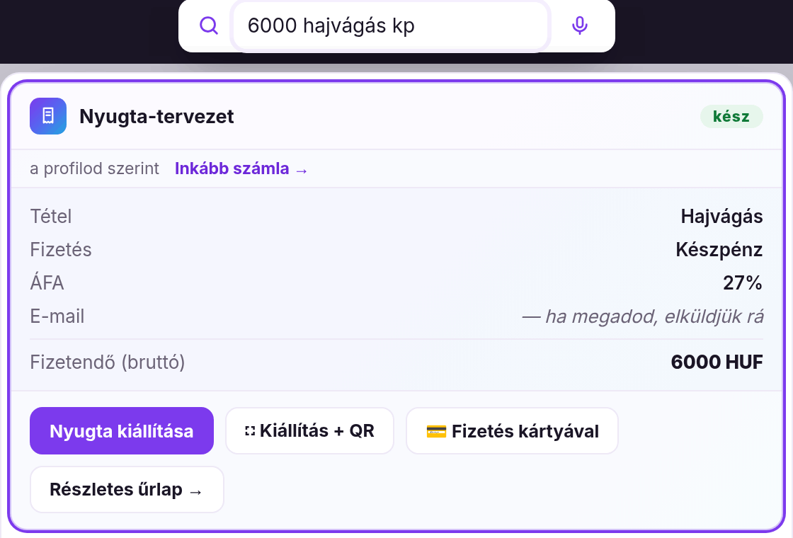 A nyugta-tervezet kártya közelről: tétel, fizetés, ÁFA, fizetendő összeg és a kiállítás gomb.
