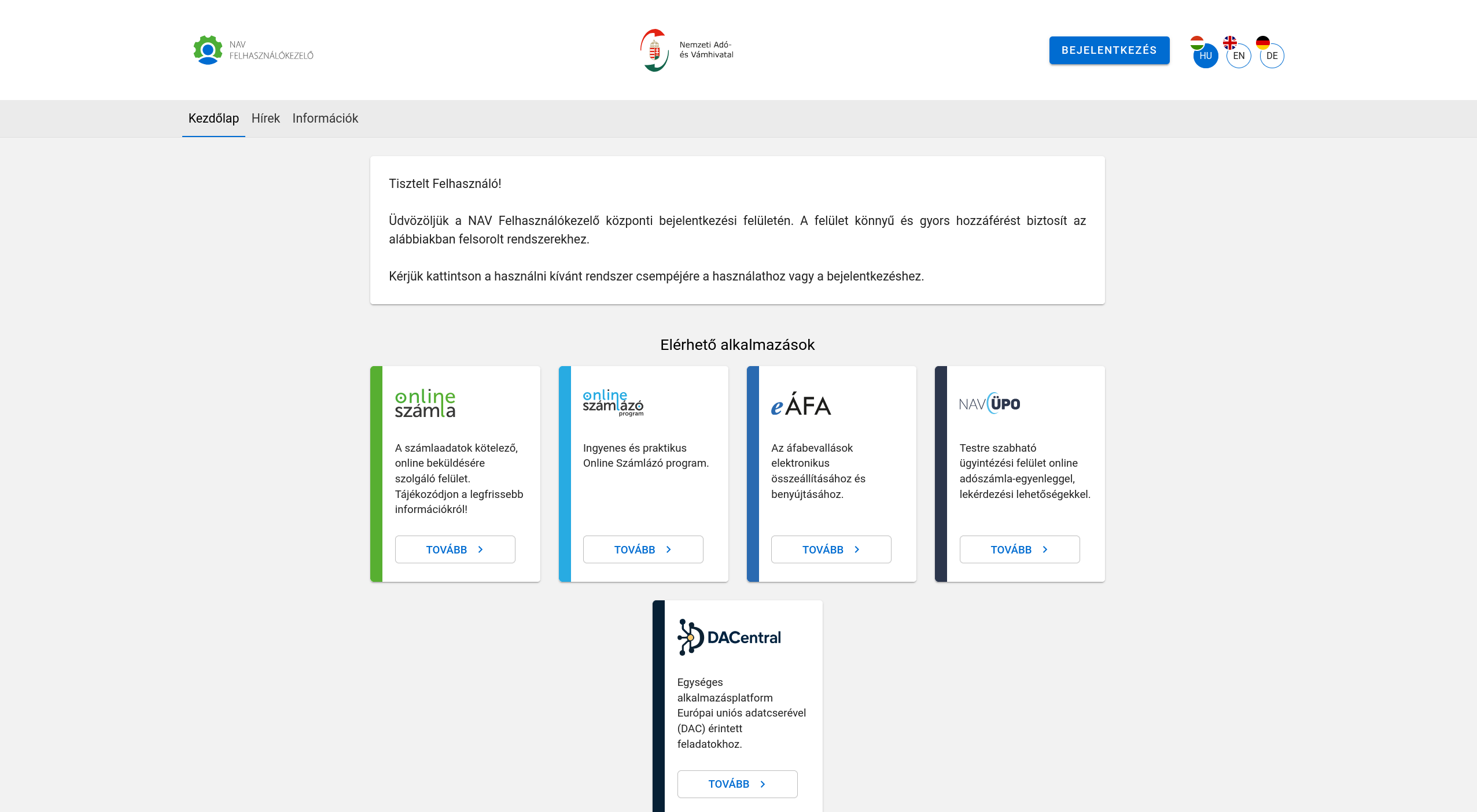 A NAV Felhasználókezelő kezdőlapja kijelentkezve, jobbra fent a Bejelentkezés gombbal.