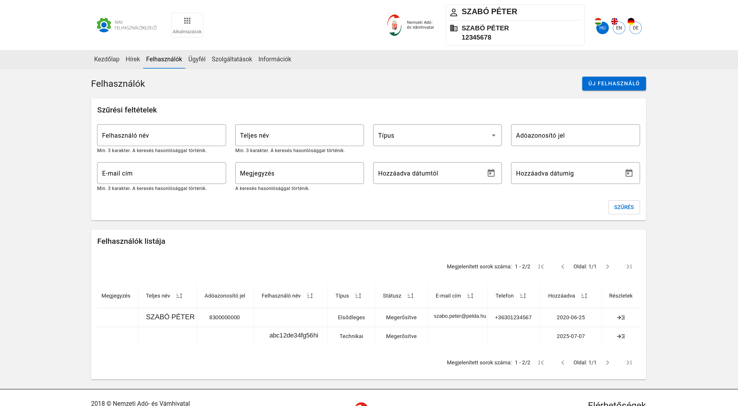 Felhasználók lista: az elsődleges felhasználó sora és egy meglévő technikai felhasználó sora.