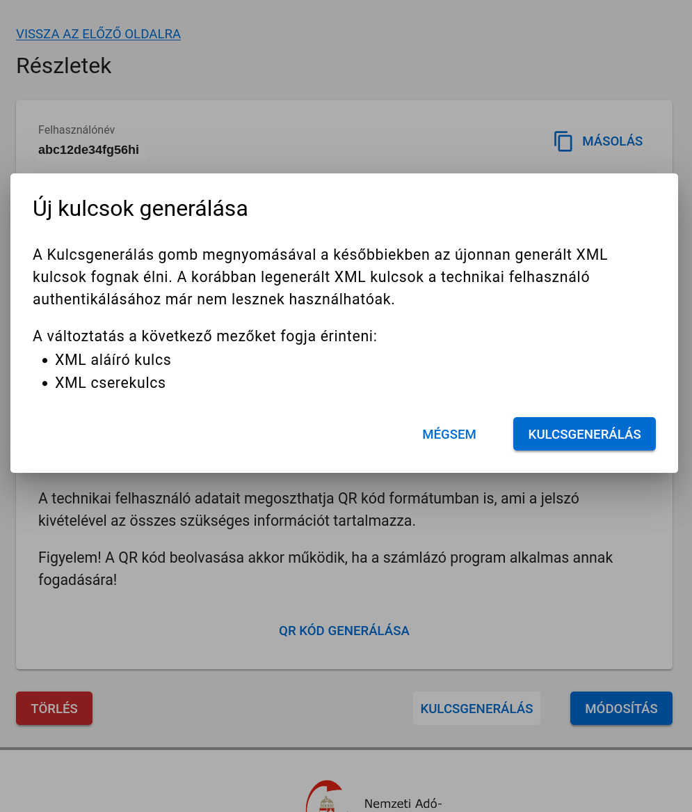 Az „Új kulcsok generálása” megerősítő párbeszéd: a korábbi kulcsok nem lesznek használhatóak.