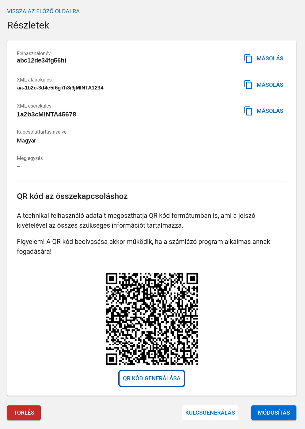 A Részletek lap a két kulccsal, a másolás gombokkal és az összekapcsoló QR-kóddal.