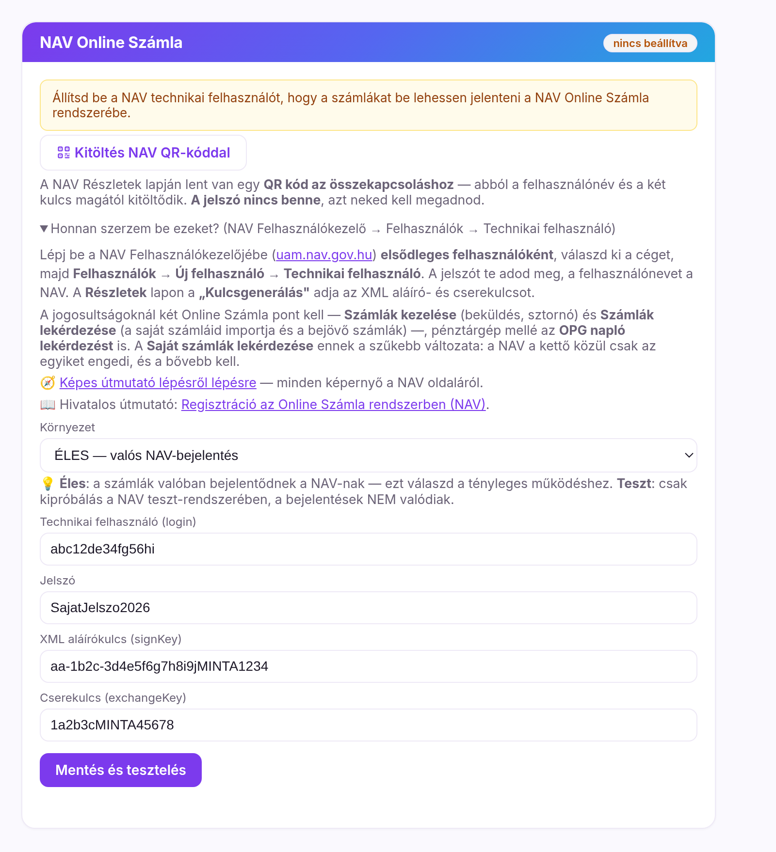 A Quilly NAV Online Számla kártyája szerkesztés közben: a „Kitöltés NAV QR-kóddal” gomb, alatta a környezet, technikai felhasználó, jelszó, aláírókulcs és cserekulcs mezők kitöltve.